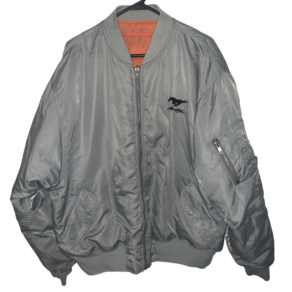 Vintage 80/90s Ford Mustang Embroidered Silver Satin Bomber Full Zip Jacket